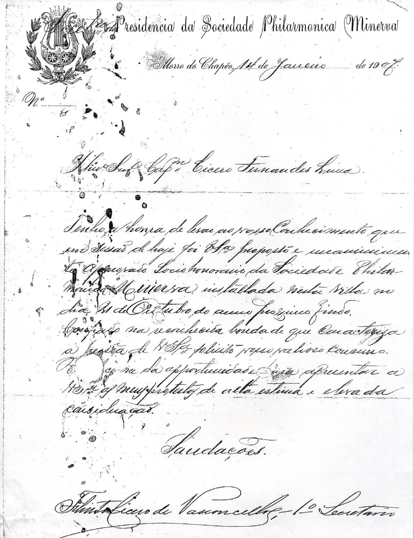 Ofício manuscrito da Presidência da Sociedade Philarmonica Minerva datado de 1907